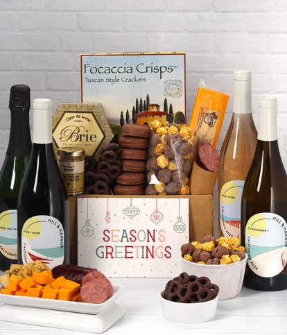 Season's Greetings Sweet & Savory Gift Box with Red, White, Rosé & Sparkling Wine