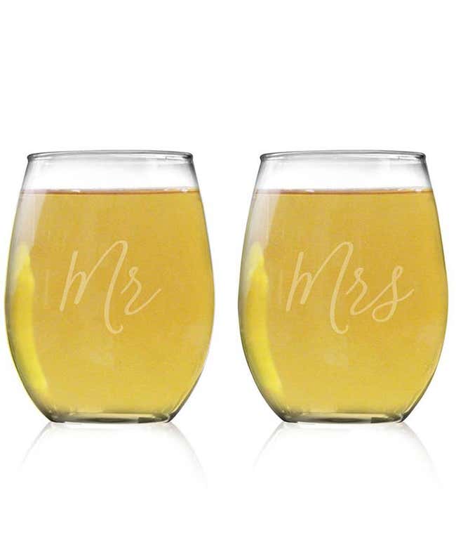 Mr. &amp; Mrs. Stemless Wine Glass Set