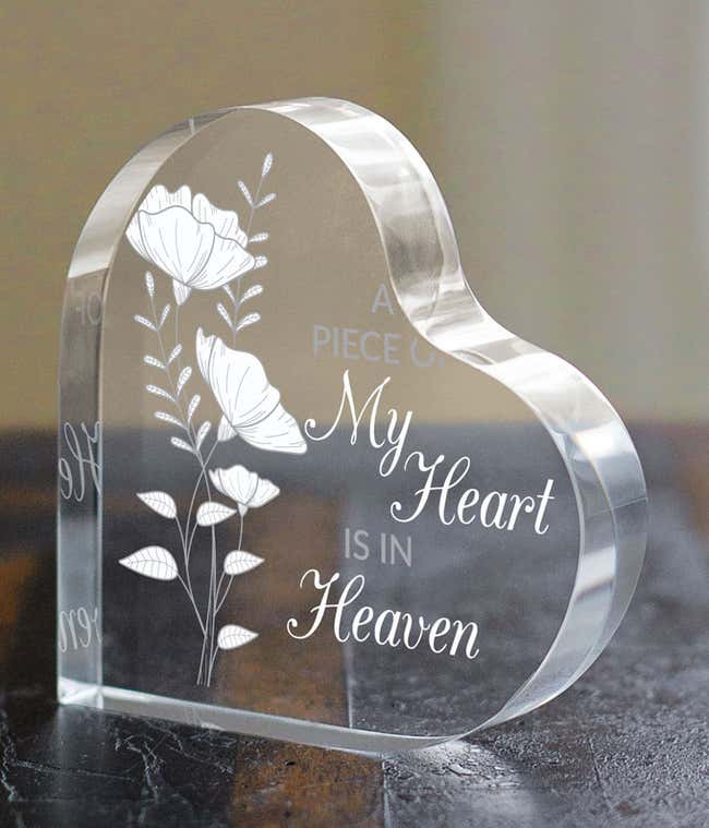 Acrylic heart with white floral design with quote 