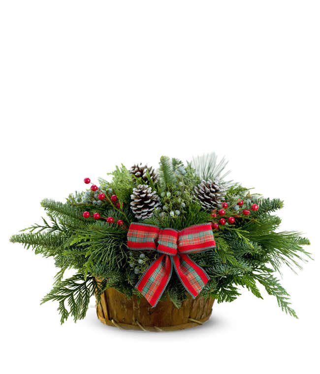 Festive arrangement in a rustic basket featuring evergreen branches, pine cones, red berries, and a red plaid bow, creating a classic holiday centerpiece.