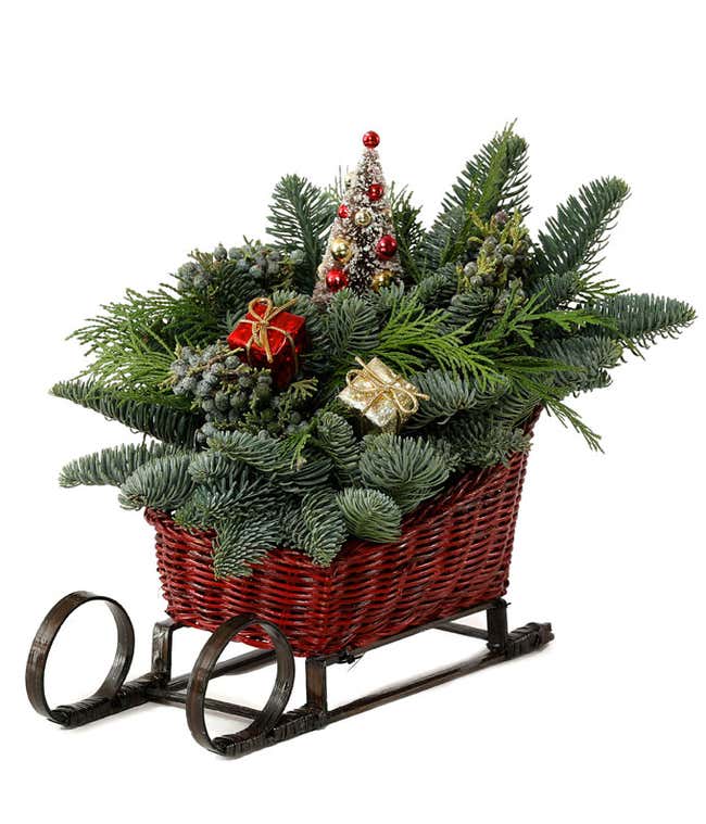 A festive arrangement featuring evergreen branches and pinecones in a red wicker sleigh with metal runners. Adorned with a small decorated Christmas tree and miniature presents wrapped in red and gold, creating a cheerful holiday display.
