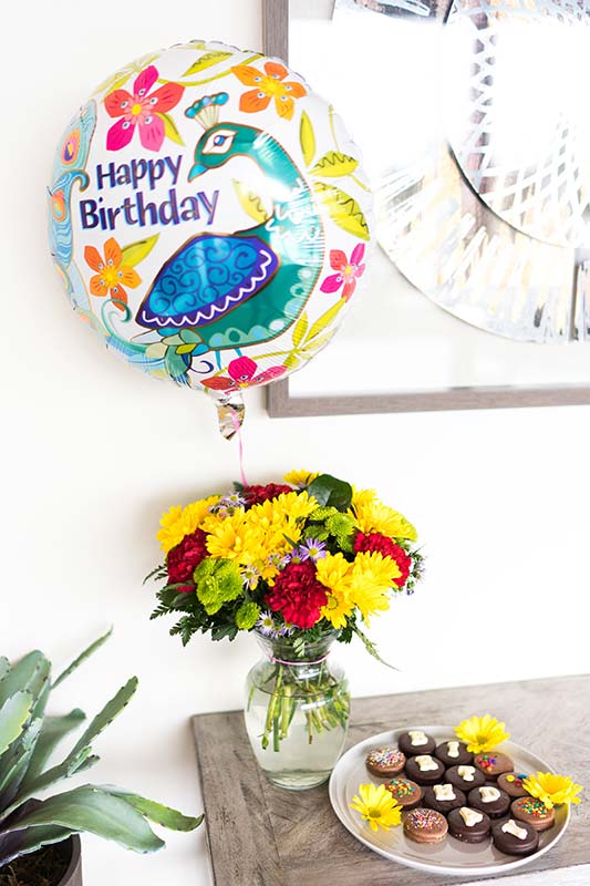 happy birthday flower bouquet with balloon